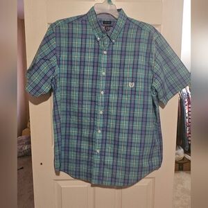 Chaps Men's Green and Blue Checkered Short Sleeve Shirt Sz XL